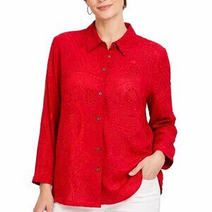Chicos Design Red Embroidered Flowers Tunic Blouse Size 2 Medium 27" Long Modest